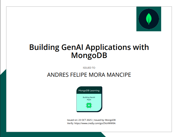 Certificado Building GenAI Applications with MongoDB – MongoDB 2025